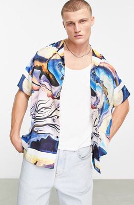 ASOS DESIGN Relaxed Fit Abstract Print Short Sleeve Satin Button-Up Camp Shirt in Mid Blue