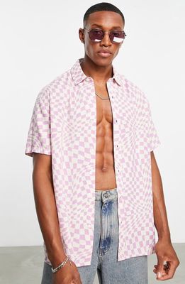 ASOS DESIGN Relaxed Fit Checkerboard Print Short Sleeve Button-Up Shirt in Lilac