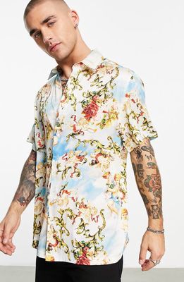 ASOS DESIGN Relaxed Fit Cherub Print Satin Button-Up Shirt in Blue Multi