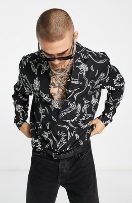 ASOS DESIGN Relaxed Fit Floral Button-Up Camp Shirt in Black