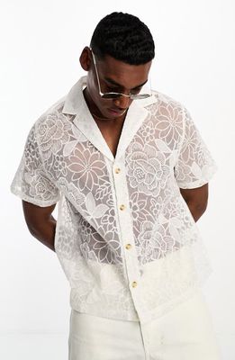 ASOS DESIGN Relaxed Fit Floral Embroidered Organza Camp Shirt in White