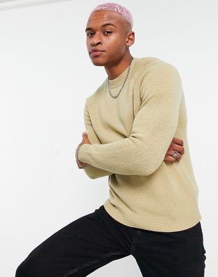ASOS DESIGN relaxed fit lambswool crew neck sweater in stone-Neutral