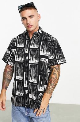 ASOS DESIGN Relaxed Fit Matchstick Print Cotton & Linen Button-Up Shirt in Black