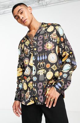 ASOS DESIGN Relaxed Fit Print Long Sleeve Satin Bowling Shirt in Black Multi