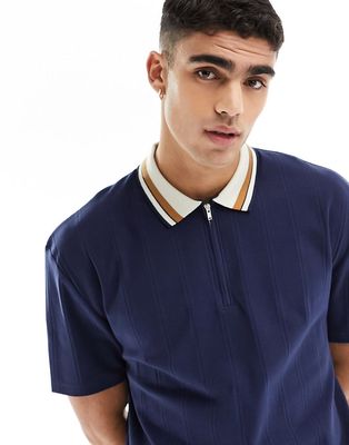 ASOS DESIGN relaxed fit ribbed polo with contrast tipping in navy