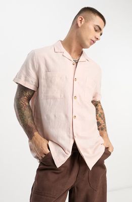 ASOS DESIGN Relaxed Fit Short Sleeve Linen & Cotton Button-Up Camp Shirt in Light Pink