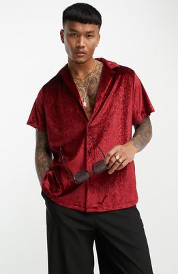 ASOS DESIGN Relaxed Fit Short Sleeve Velvet Button-Up Shirt in Red