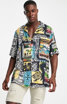 ASOS DESIGN Relaxed Fit Tropical Print Button-Up Camp Shirt in Black Multi