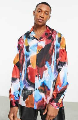 ASOS DESIGN Relaxed Fit Watercolor Print Long Sleeve Satin Bowling Shirt in Blue Multi