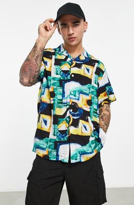 ASOS DESIGN Relaxed Fit Watercolor Print Short Sleeve Satin Bowling Shirt in Green Multi