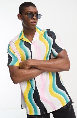 ASOS DESIGN Relaxed Fit Wavy Stripe Short Sleeve Button-Up Camp Shirt in Pink Multi
