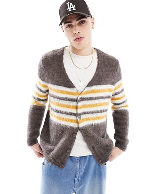 ASOS DESIGN relaxed knit cardigan in brown with yellow and white stripe in fluffy texture