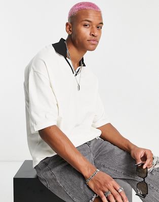ASOS DESIGN relaxed polo in cream with contrast black revere-White
