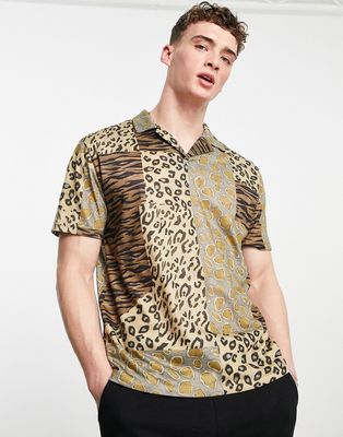 ASOS DESIGN relaxed revere polo t-shirt in mixed animal print-Neutral