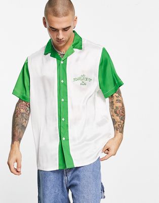 ASOS DESIGN relaxed revere satin bowling shirt with chest embroidery-Green