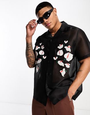 ASOS DESIGN relaxed revere shirt in organza with orchid floral embroidery-Black