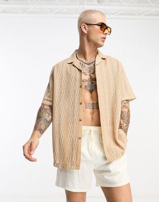 ASOS DESIGN relaxed revere textured shirt in beige-Neutral