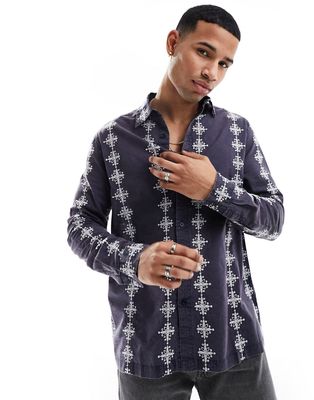 ASOS DESIGN relaxed shirt with contrast eyelet stripe-Navy
