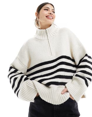 ASOS DESIGN relaxed sweater with zip collar in mono stripe-Multi