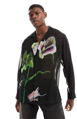 ASOS DESIGN Revere Floral Sheer Button-Up Shirt in Black