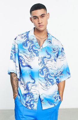 ASOS DESIGN Revere Print Short Sleeve Button-Up Shirt in Turquoise