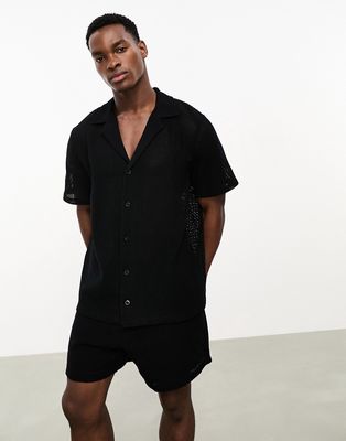 ASOS DESIGN revere shirt and shorts set in black crochet