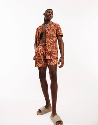 ASOS DESIGN revere shirt in brown holiday print