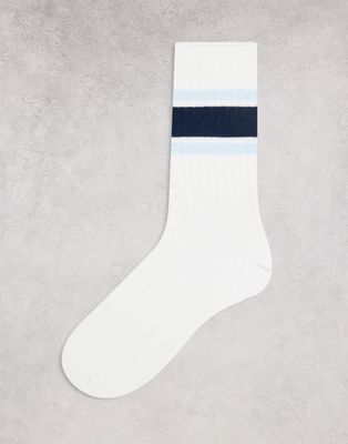 ASOS DESIGN ribbed ankle socks with colored stripes-Blue