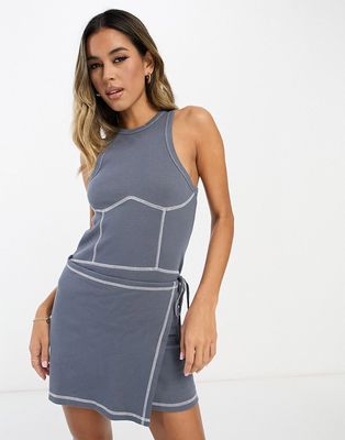 ASOS DESIGN ribbed mini dress with wrap skirt and contrast stitching in slate-Blue