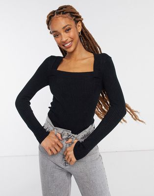 ASOS DESIGN ribbed sweater with open square neck in black