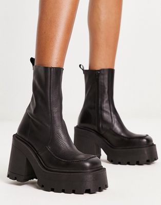 ASOS DESIGN Rider premium leather chunky heeled boots in black