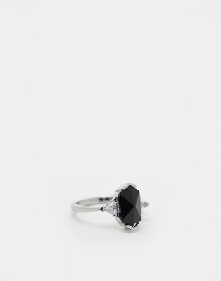 ASOS DESIGN ring with black cubic zirconia crystal design in silver tone
