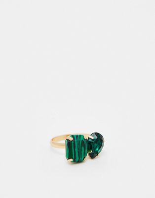 ASOS DESIGN ring with malachite and emerald green crystal design in gold tone