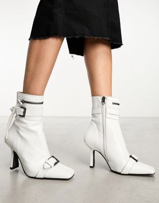 ASOS DESIGN Rosalia premium leather buckle mid boots in white
