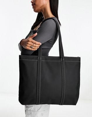 ASOS DESIGN rubberized showerproof tote bag with laptop compartment in black