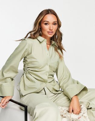 ASOS DESIGN ruched side shirt with wide cuffs in light khaki-Multi