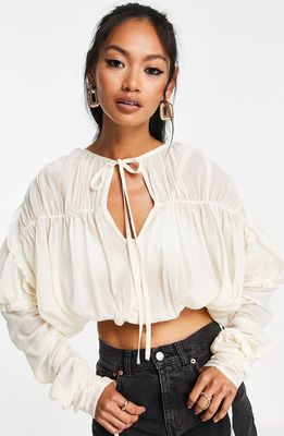 ASOS DESIGN Ruched Sleeve Sheer Crop Blouse in Cream