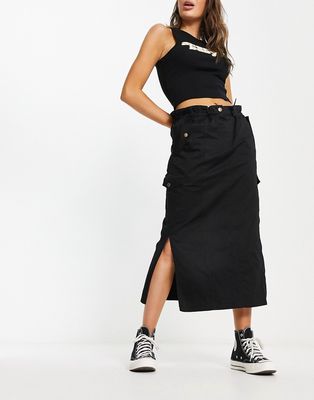 ASOS DESIGN ruched waist midi cargo skirt in black-Gray