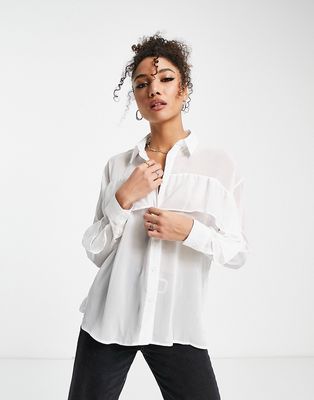 ASOS DESIGN ruffle front soft shirt in ivory-White
