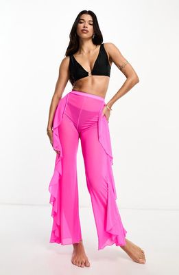 ASOS DESIGN Ruffle Mesh Cover-Up Pants in Pink