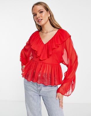 ASOS DESIGN ruffled sheer blouse in red-Pink