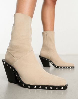ASOS DESIGN Russo leather western boots with studs in off-white suede-Neutral