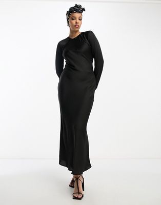 ASOS DESIGN satin bias cut maxi dress with button detail in black