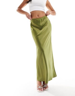 ASOS DESIGN satin bias maxi skirt in olive-Green