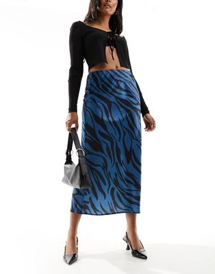 ASOS DESIGN satin bias midi skirt in blue zebra print-Multi