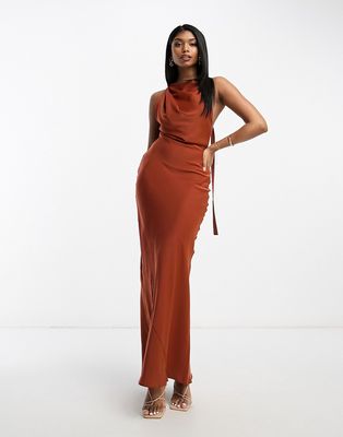 ASOS DESIGN satin cowl back maxi dress with buckle strap detail in rust-Brown