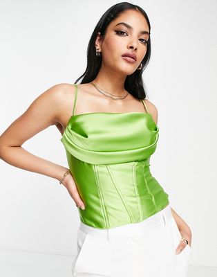 ASOS DESIGN satin cowl neck corset cami with seam detail in jasmine green