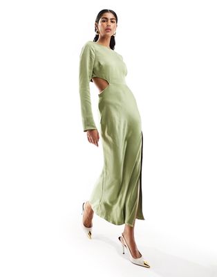 ASOS DESIGN satin cut out waist midaxi dress in long sleeve in olive green