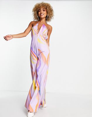 ASOS DESIGN satin halter neck strappy jumpsuit with tie back detail in colored abstract marble-Multi