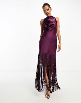 ASOS DESIGN satin halterneck mini dress with fringe hem in purple